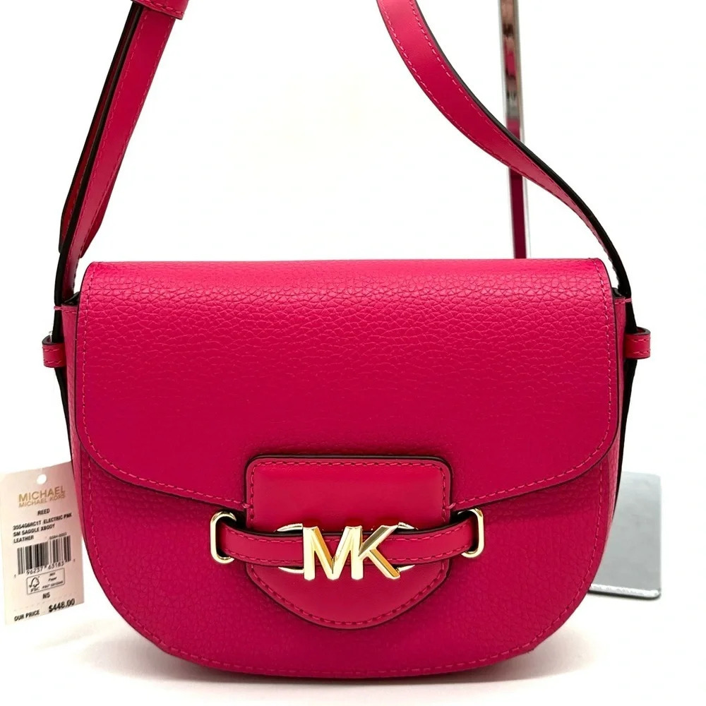 Michael Kors Small Reed Leather Saddle Crossbody Bag Electric Pink - Picture 3 of 10